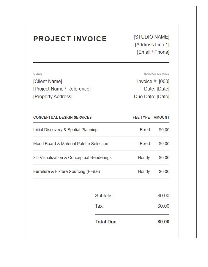 Conceptual Design Interior Design Project Fee Invoice Template