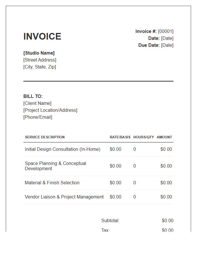 Consultation Based Interior Design Project Fee Invoice Template