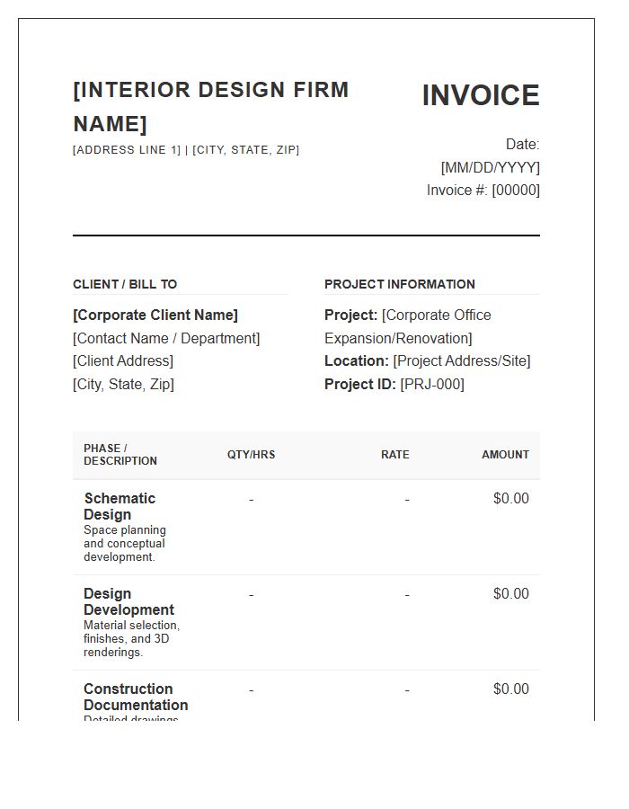 Corporate Interior Design Project Fee Invoice Template