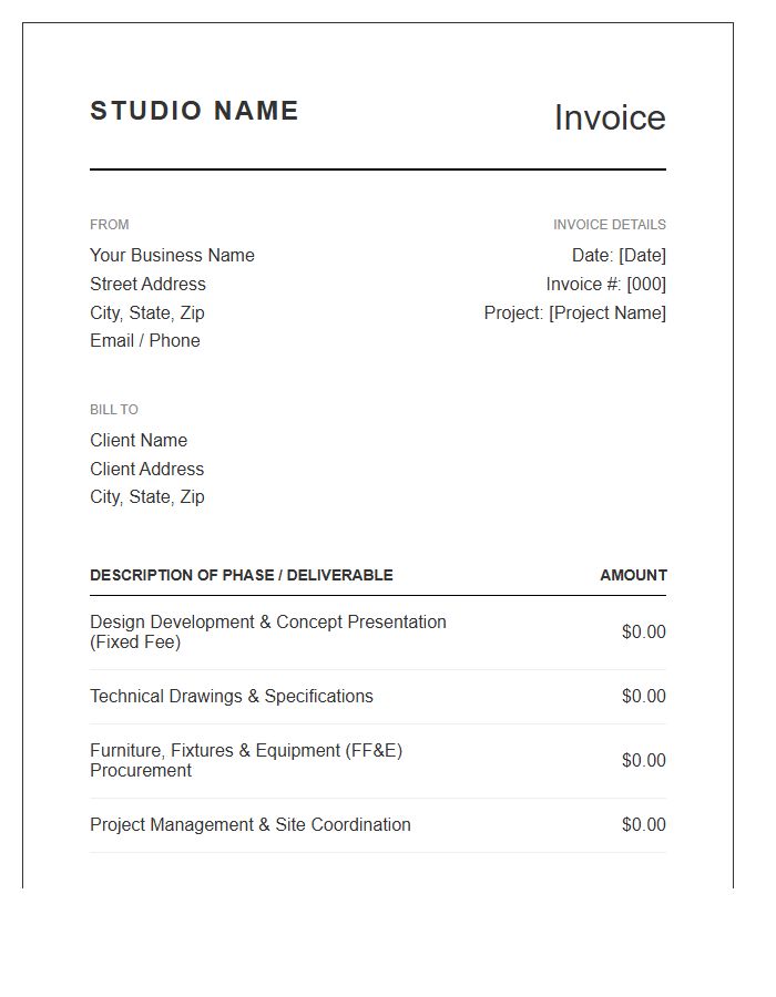 Fixed Fee Interior Design Project Fee Invoice Template