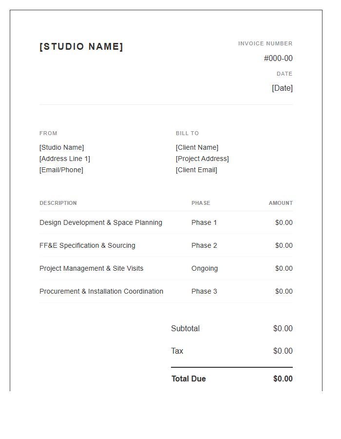 Full Service Interior Design Project Fee Invoice Template