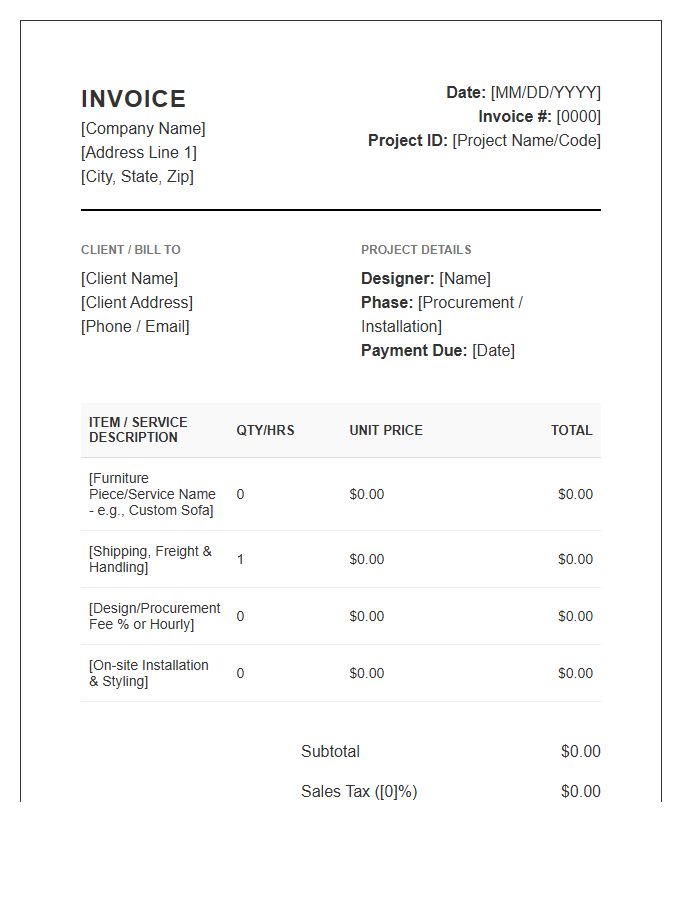 Furniture Procurement Interior Design Project Fee Invoice Template