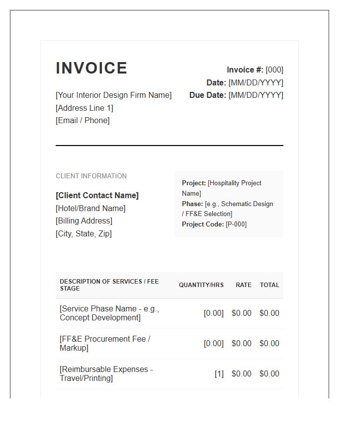 Hospitality Interior Design Project Fee Invoice Template