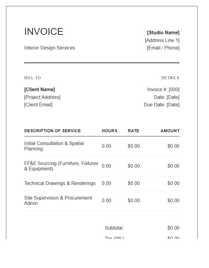 Hourly Rate Interior Design Project Fee Invoice Template