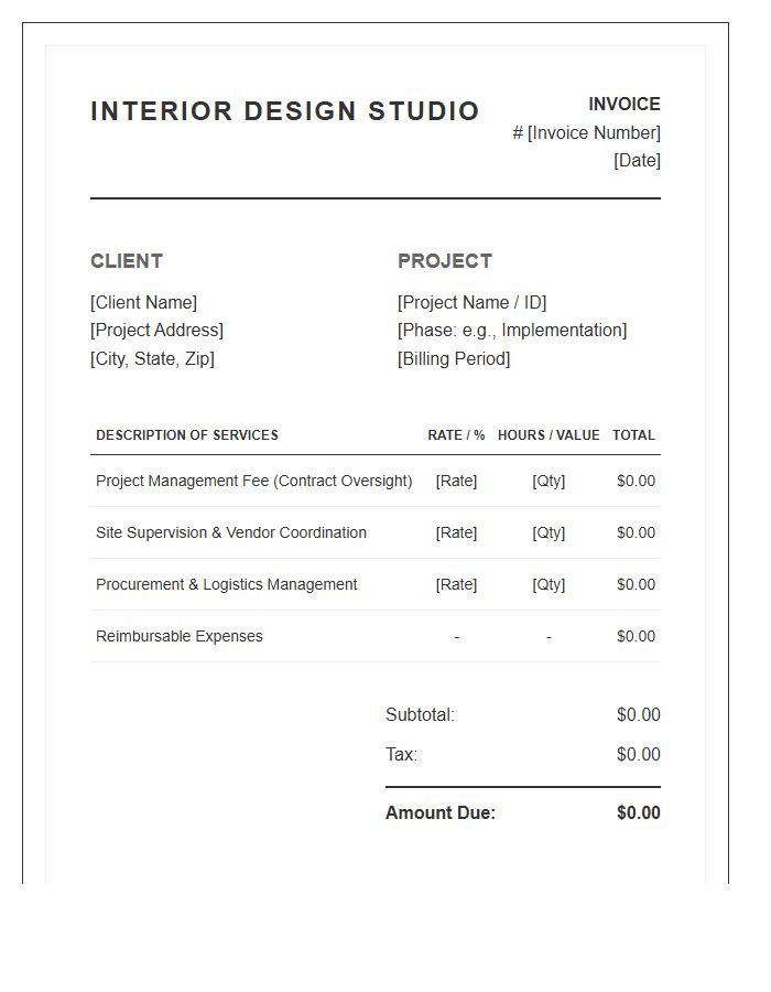Interior Design Project Management Fee Invoice Template