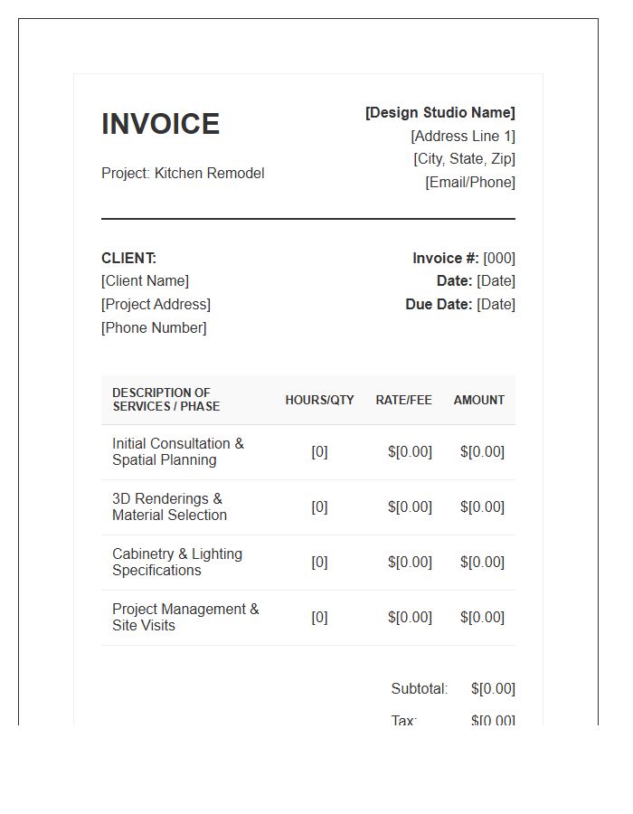 Kitchen Remodel Interior Design Project Fee Invoice Template