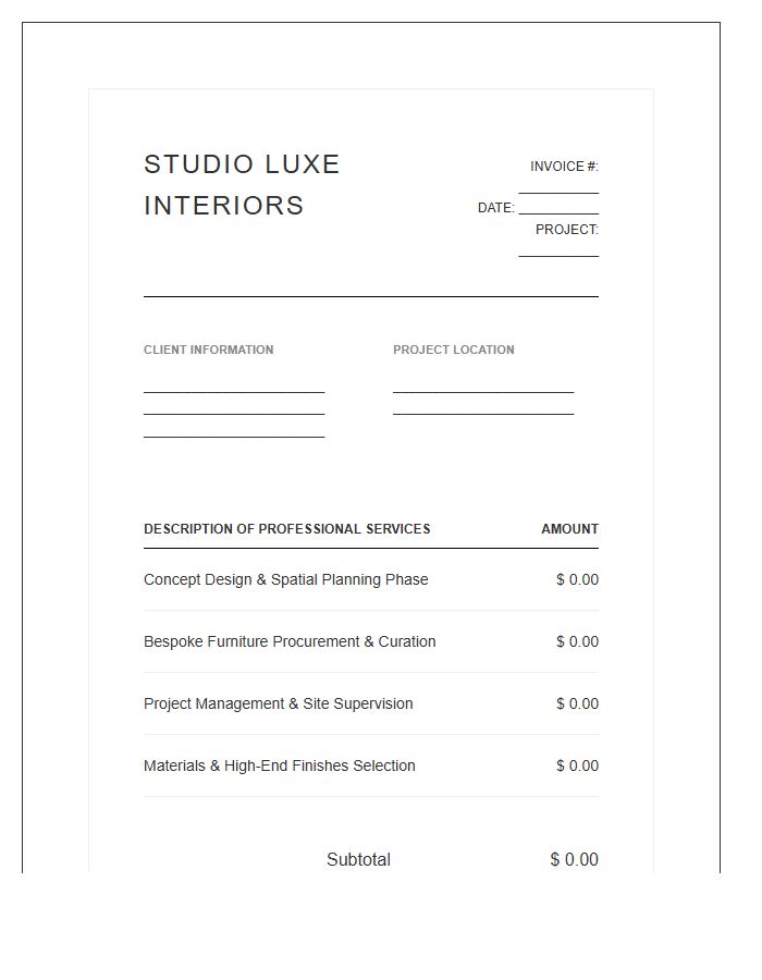 Luxury Interior Design Project Fee Invoice Template