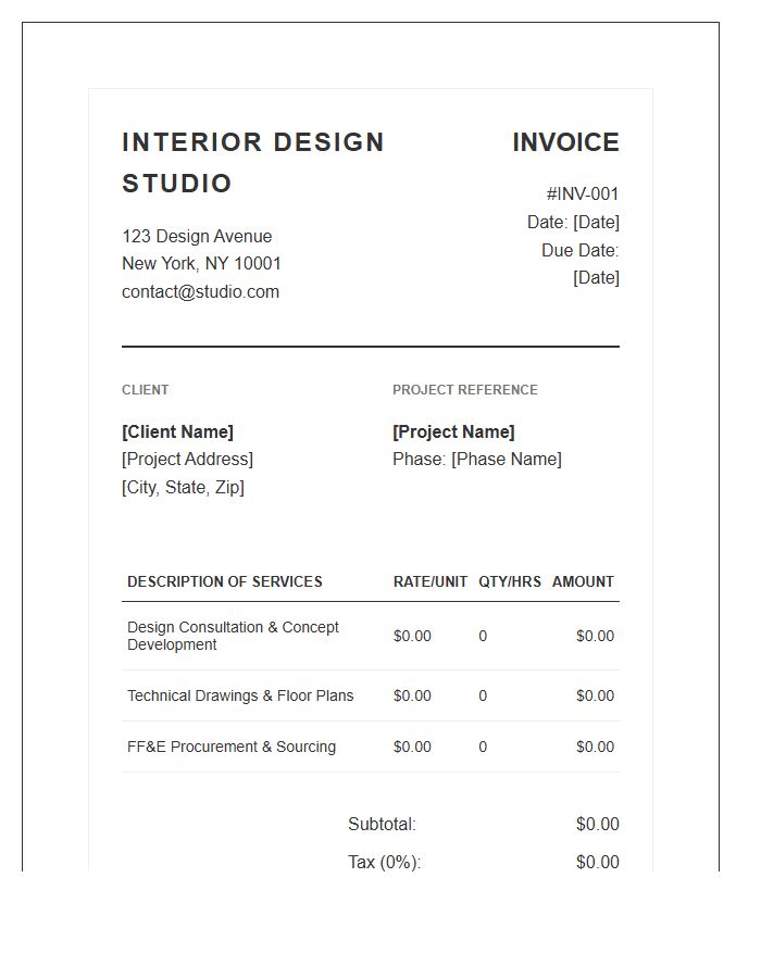 Professional Interior Design Project Fee Invoice Template