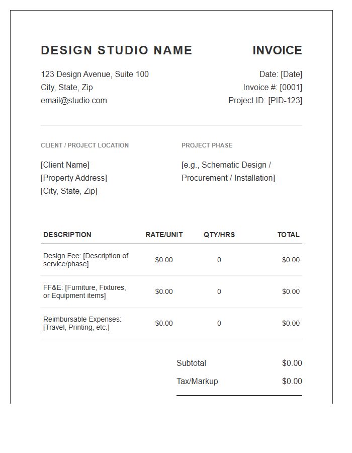 Residential Interior Design Project Fee Invoice Template