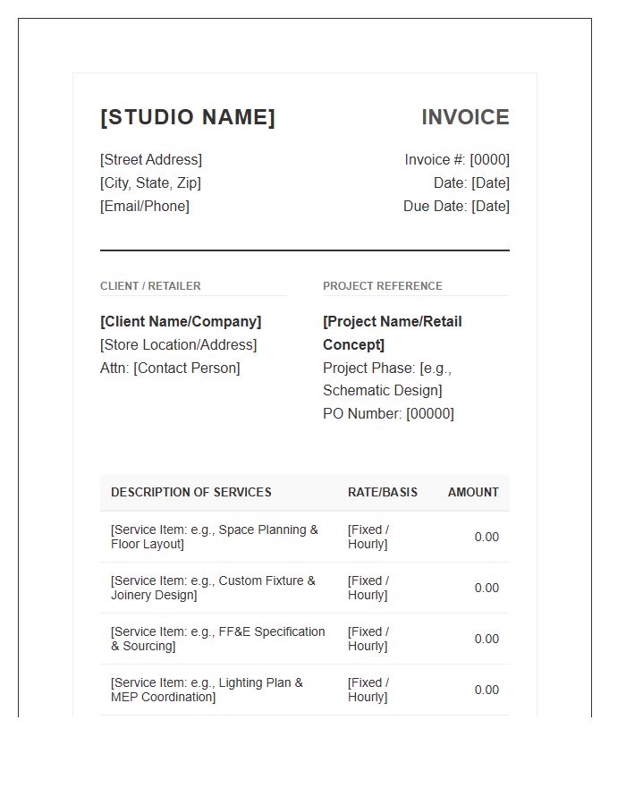Retail Interior Design Project Fee Invoice Template