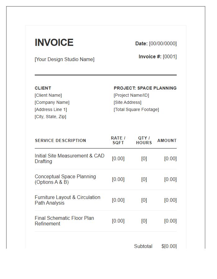 Space Planning Interior Design Project Fee Invoice Template