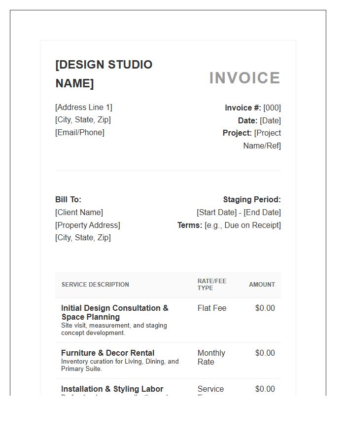 Staging Services Interior Design Project Fee Invoice Template