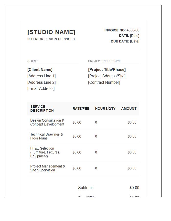 Standard Interior Design Project Fee Invoice Template