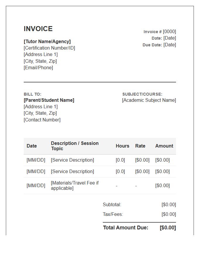 Certified Academic Tutor Invoice Template