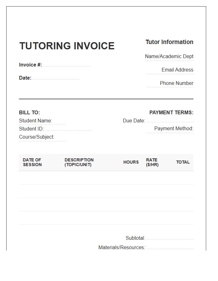 College Level Tutoring Invoice Template
