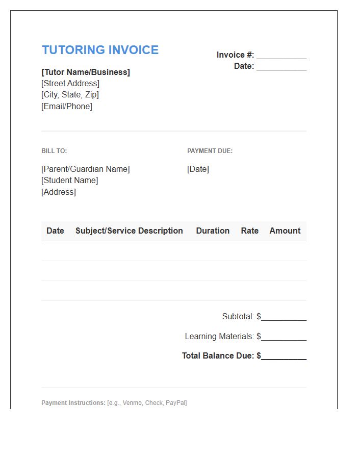 Elementary Education Tutor Invoice Template