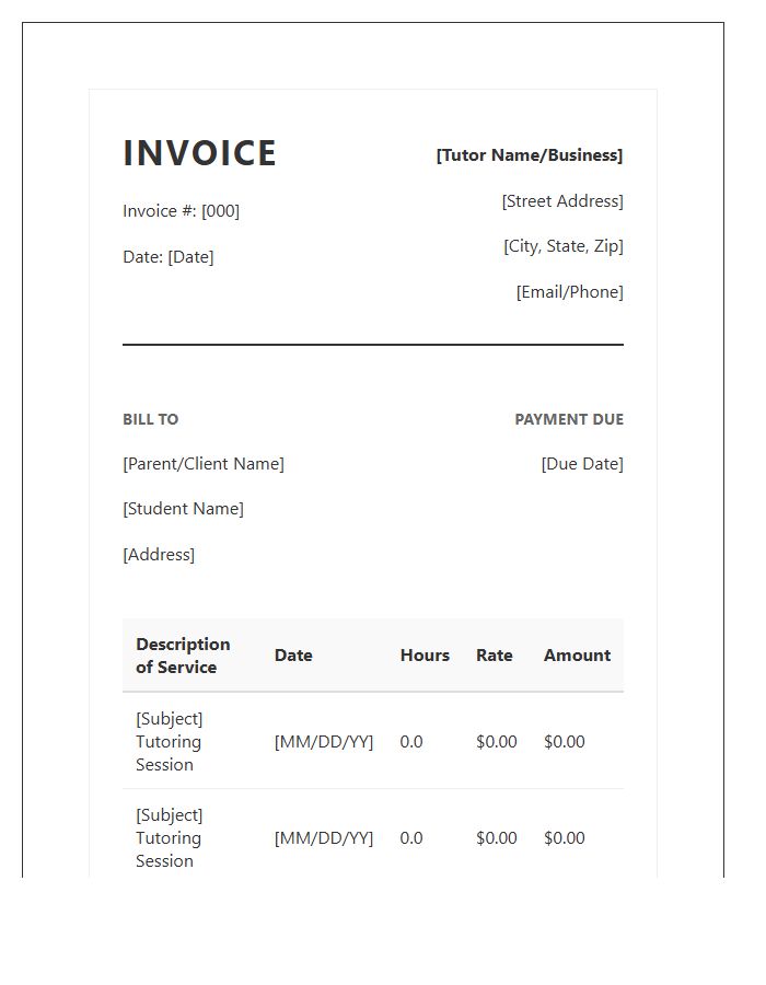 Formal Private Tutor Invoice Template