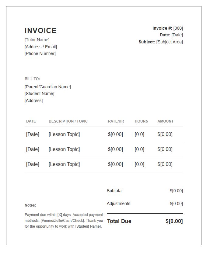 High School Academic Tutor Invoice Template