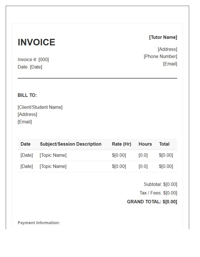 Hourly Private Tutor Invoice Template
