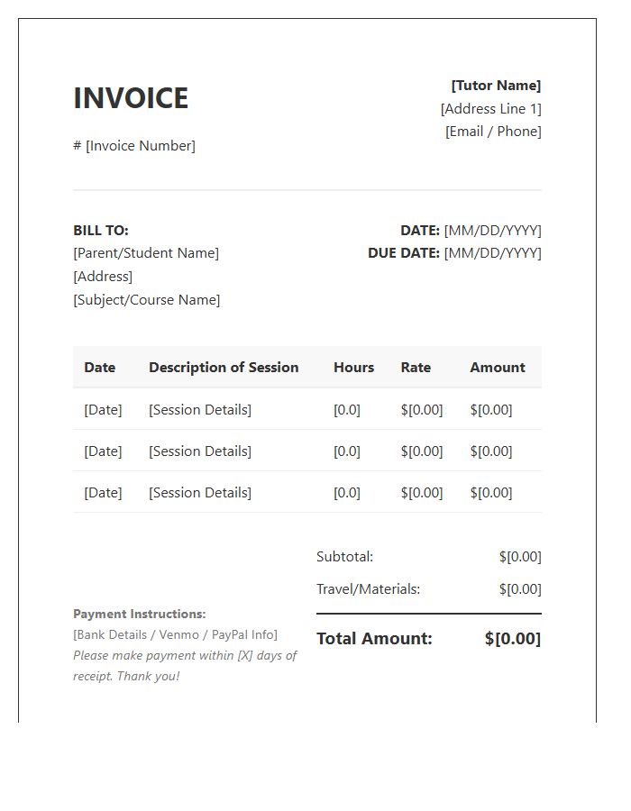In Home Academic Tutor Invoice Template