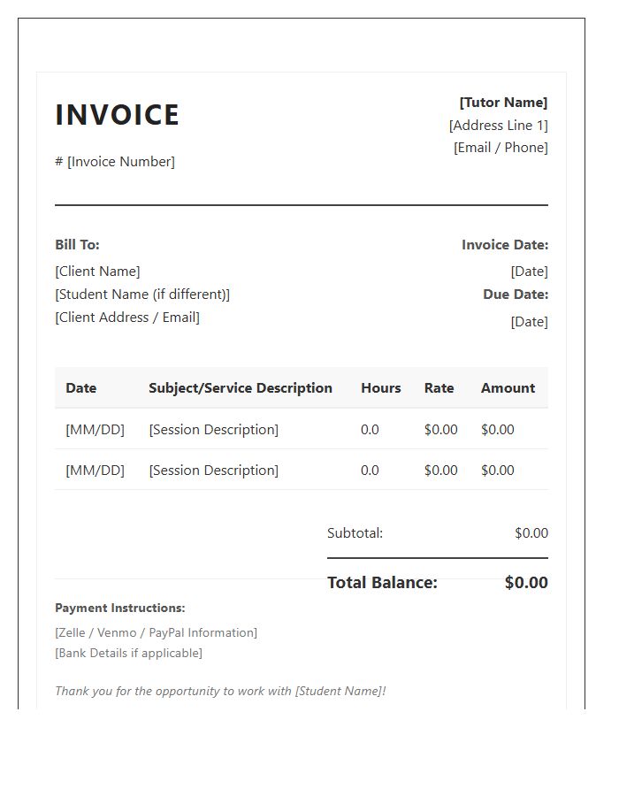 Independent Academic Tutor Invoice Template
