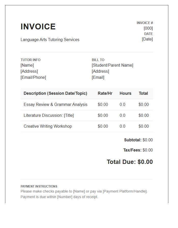 Language Arts Tutor Invoice Template
