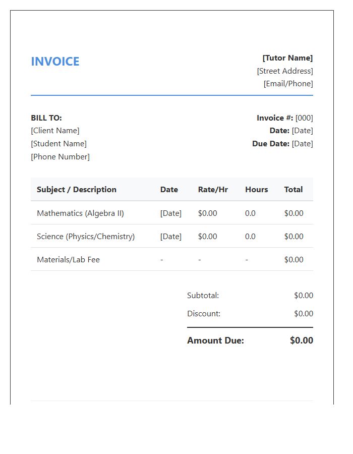 Math And Science Tutor Invoice Template