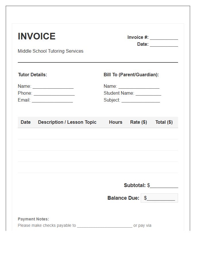 Middle School Tutor Invoice Template