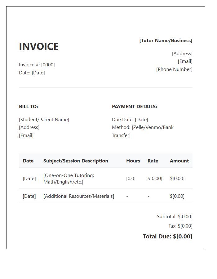 One On One Tutoring Invoice Template