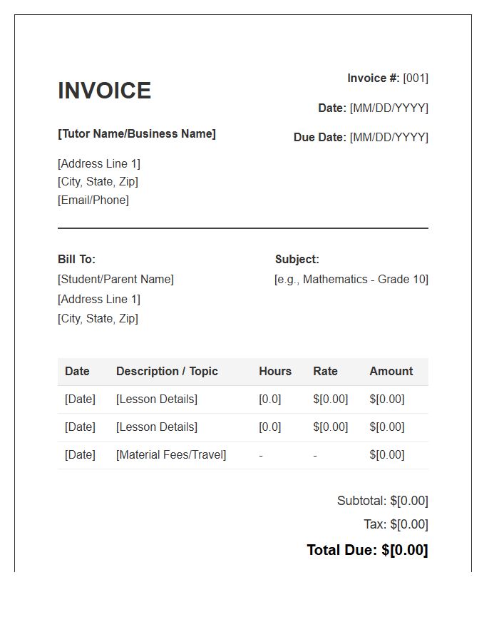 Private Academic Tutor Invoice Template