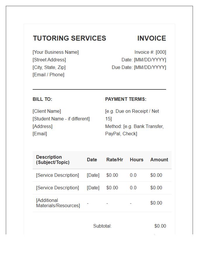 Professional Tutoring Services Invoice Template