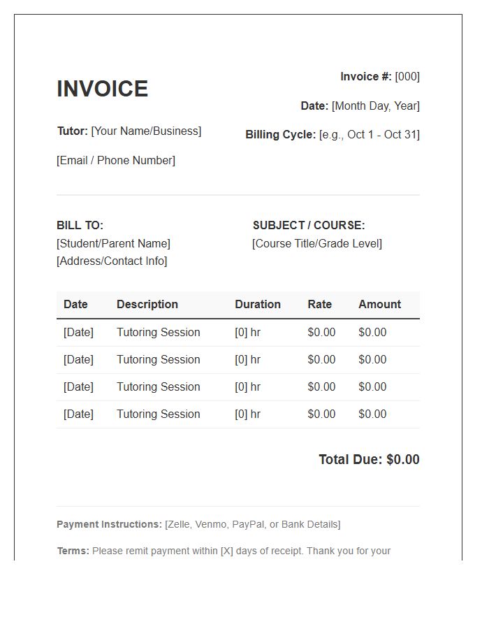 Recurring Private Tutoring Invoice Template