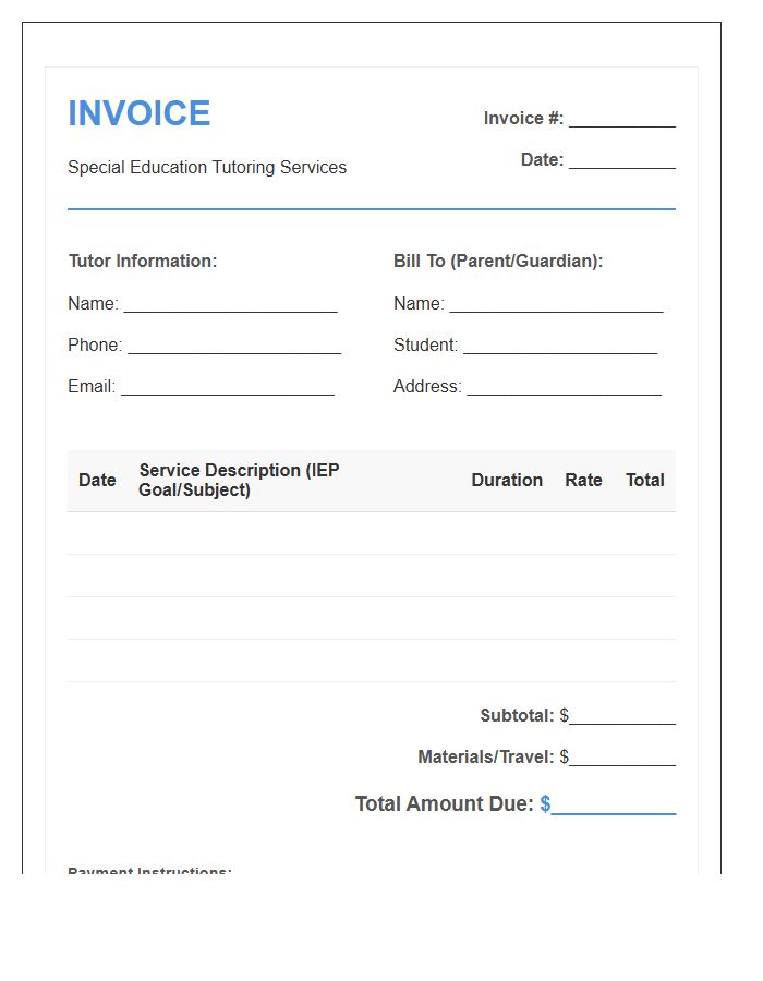 Special Education Tutor Invoice Template