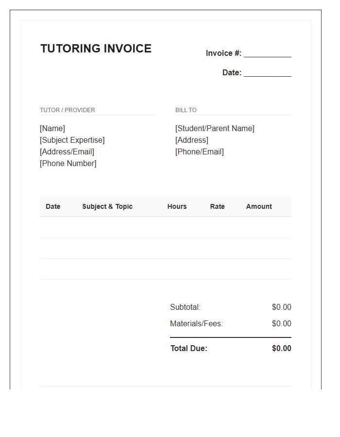 Subject Specific Tutoring Invoice Template