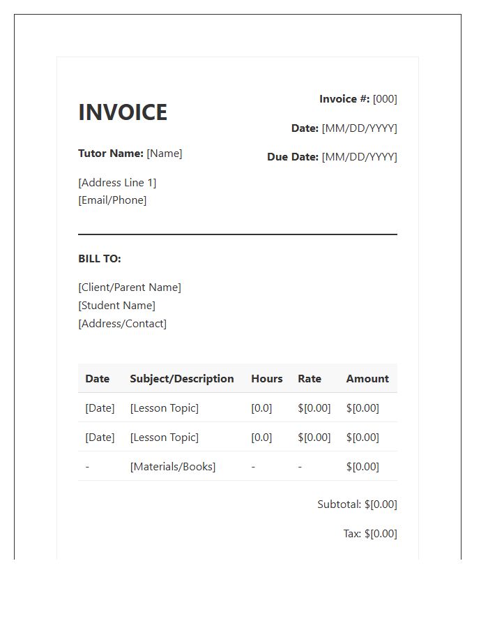 Supplemental Education Tutor Invoice Template