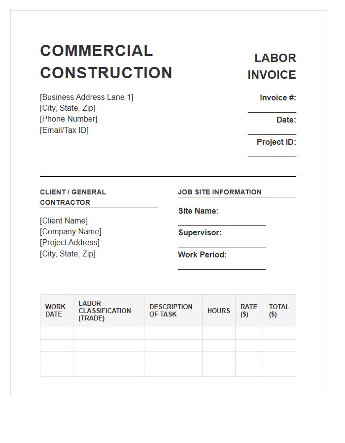 Commercial Construction Labor Invoice Template