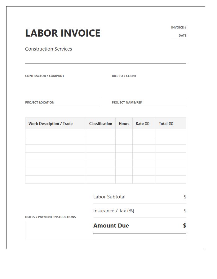 Construction Labor Cost Breakdown Invoice Template