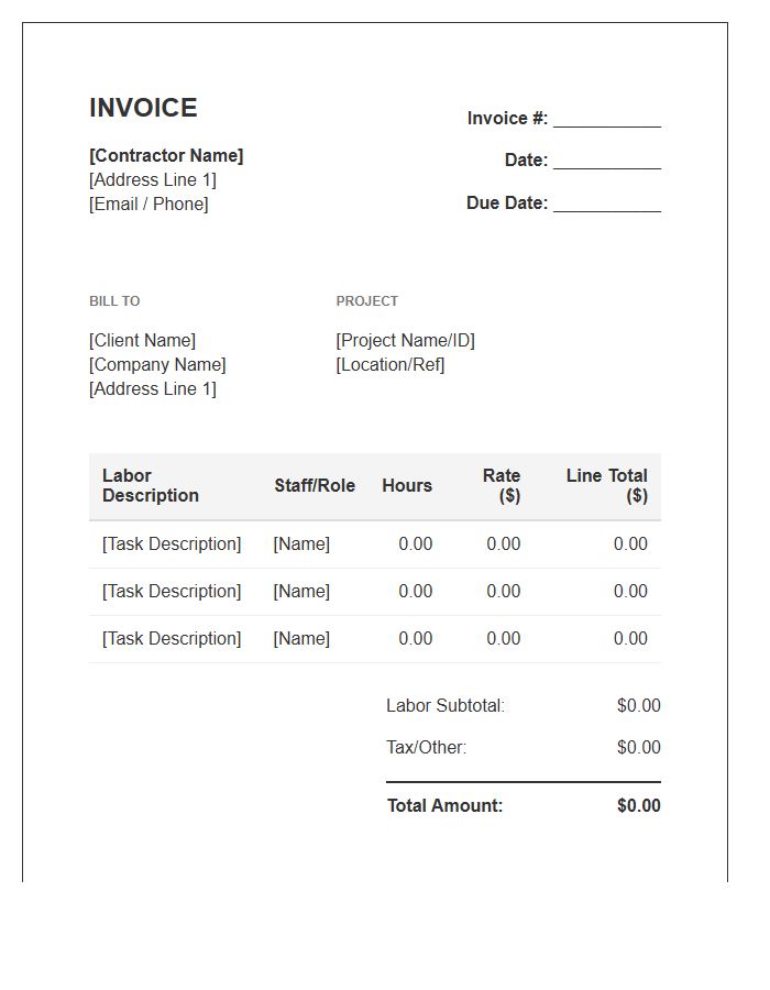 Contractor Labor Rates And Totals Invoice Template