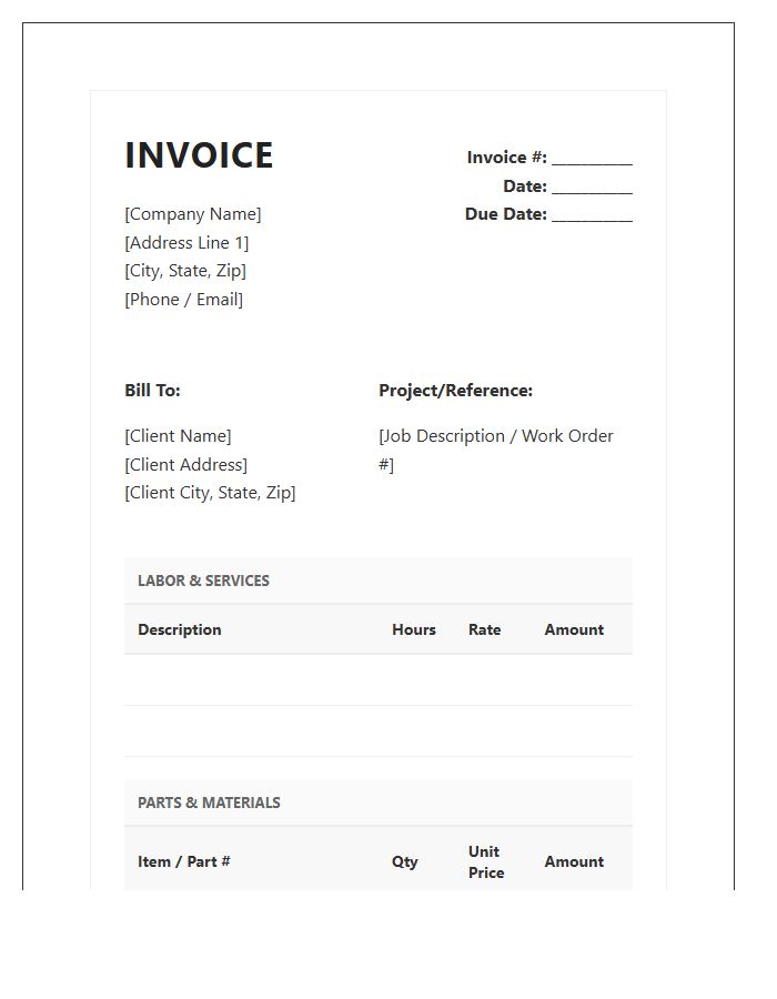 Detailed Labor And Parts Invoice Template