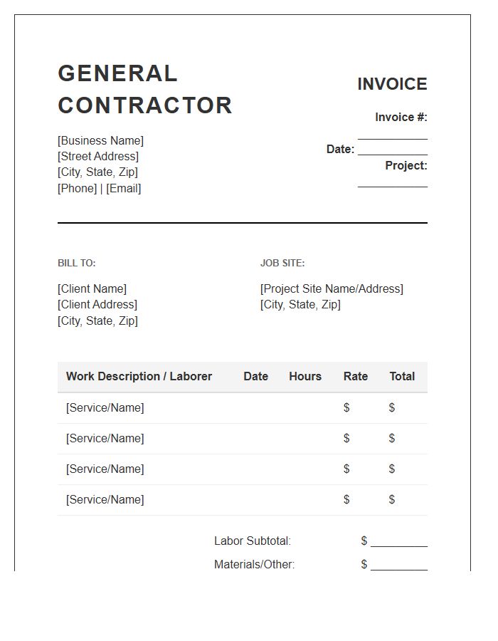 General Contractor Hourly Labor Invoice Template