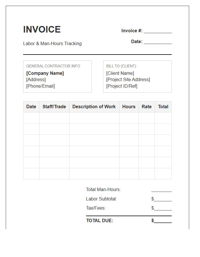General Contractor Labor Hours Tracking Invoice Template