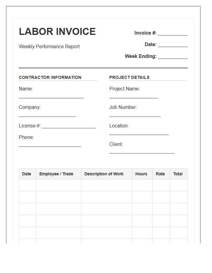 General Contractor Weekly Labor Invoice Template