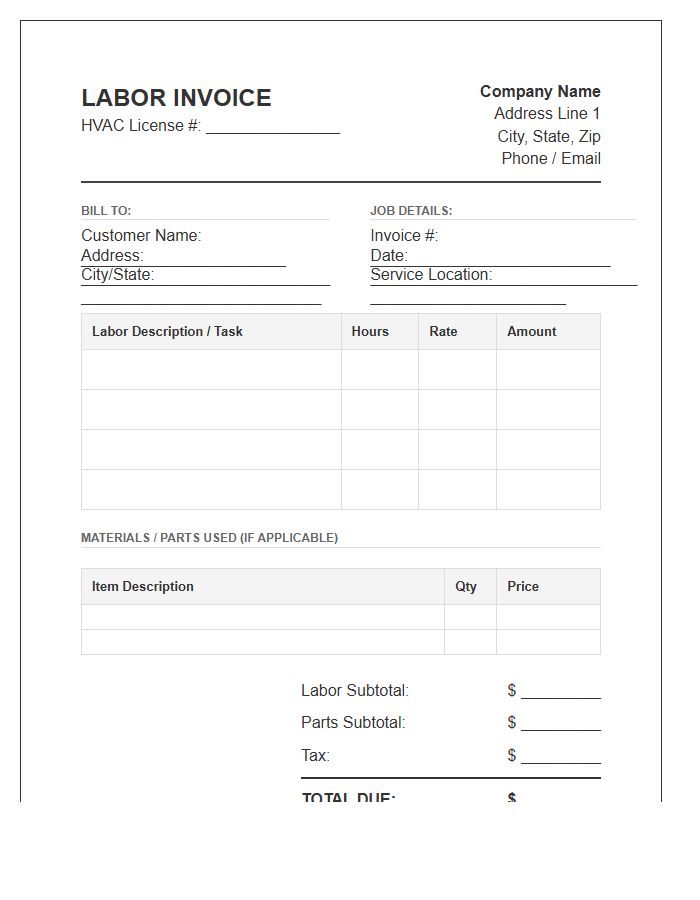 HVAC Contractor Labor Invoice Template