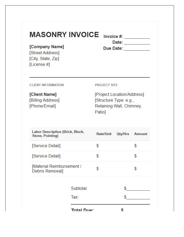 Masonry Labor Specific Invoice Template