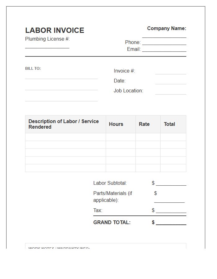 Plumbing Contractor Labor Invoice Template