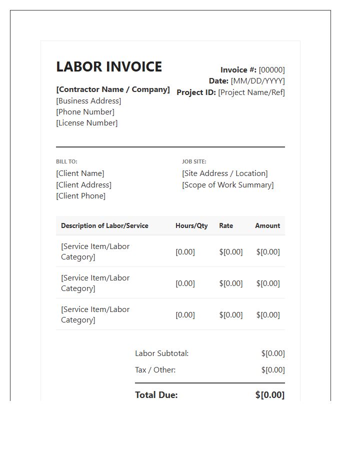Professional General Contractor Labor Invoice Template