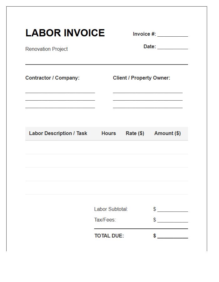 Renovation Project Labor Invoice Template