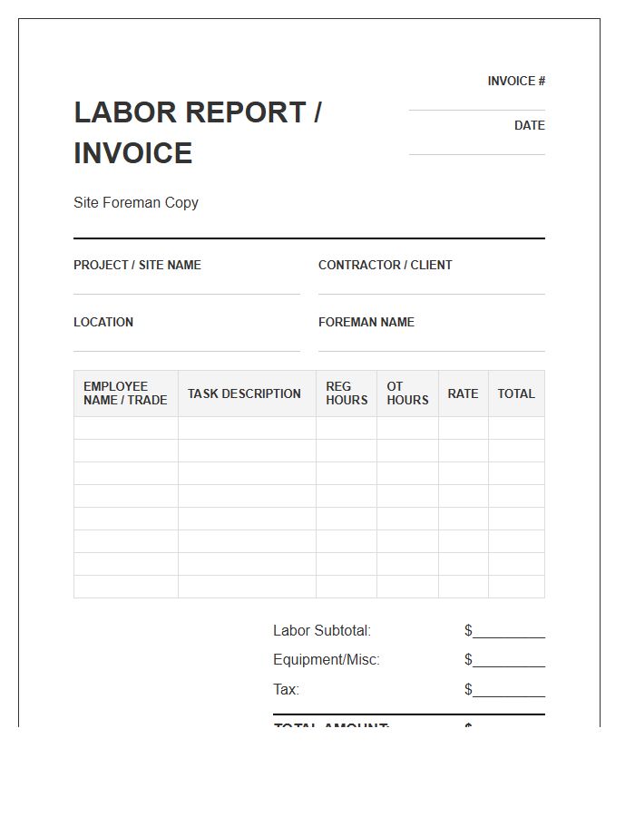 Site Foreman Labor Reporting Invoice Template