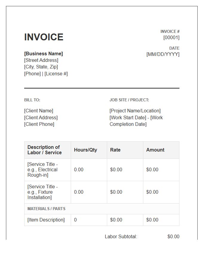 Skilled Trade Labor Billing Invoice Template