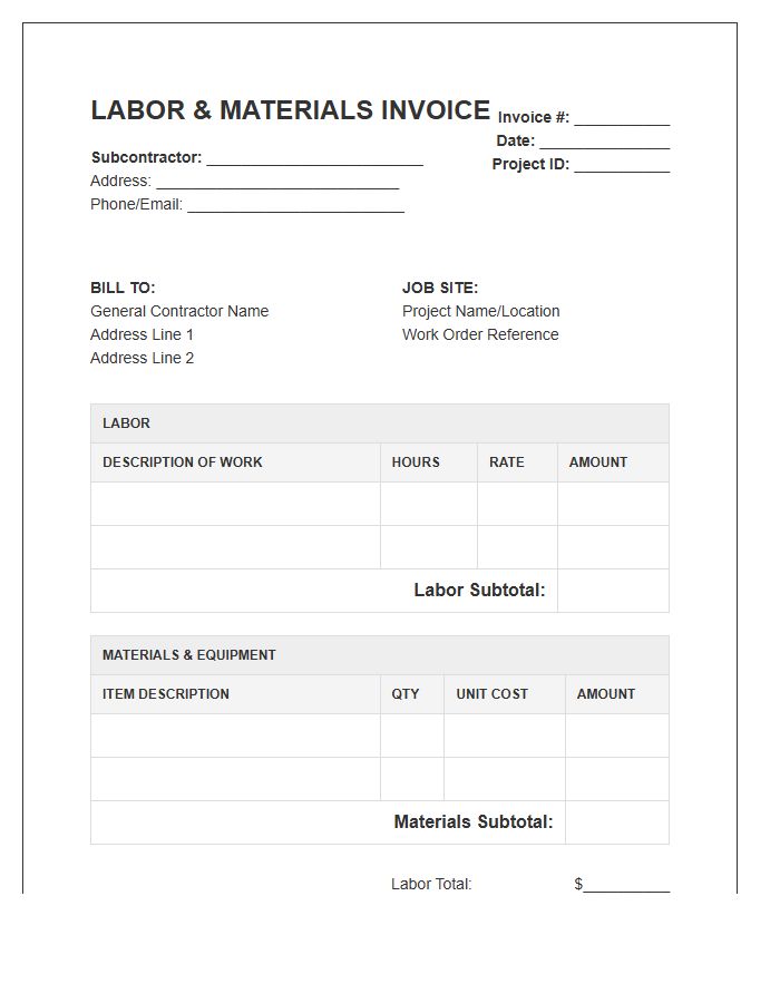 Subcontractor Labor And Materials Invoice Template